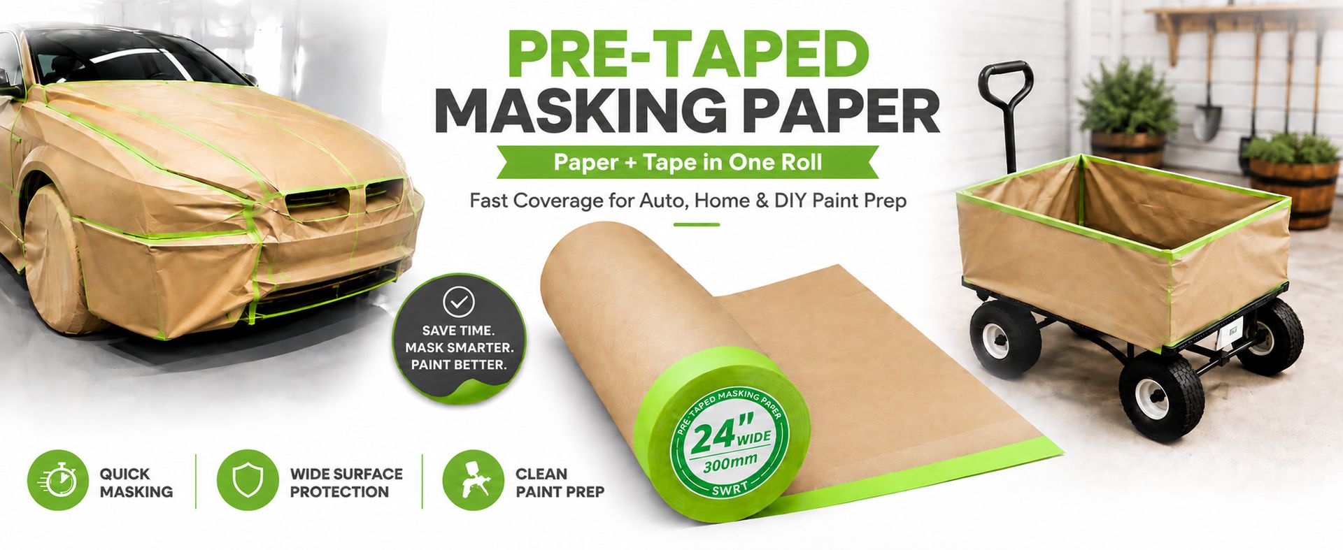 SWRT Pre-Taped Masking Paper for Painting, 24 in x 50 ft, 1-Roll