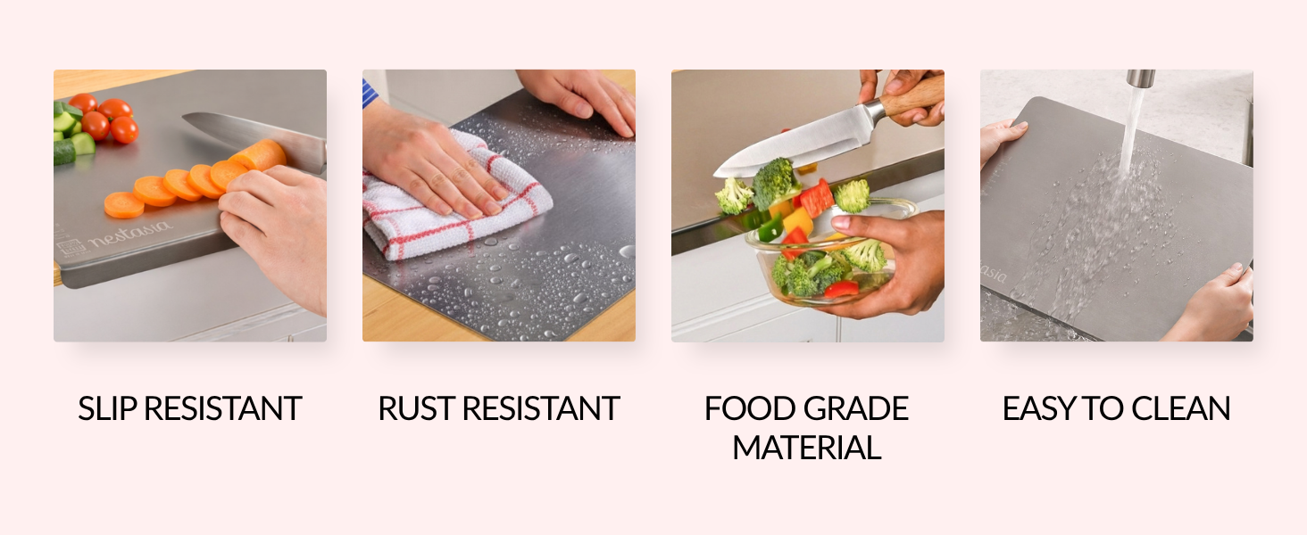 Nestasia Stainless Steel Counter Top Chopping Board (41.5cm x 29cm) | Anti-Slip Rustproof Reversible Cutting Board with Measurement Markings for Chopping Fruits & Vegetables