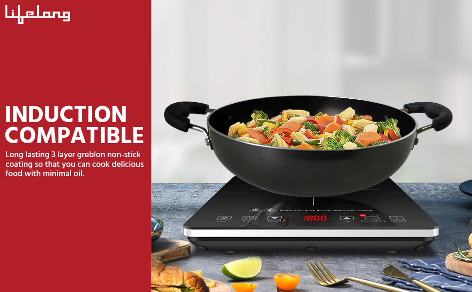 Lifelong Non-Stick Frying Kadai with Glass Lid | 2.5 Litre & 24 cm Induction and Gas Compatible Cookware Kadhai | Scratch Resistant Kadai for Cooking Curry, Dal, Rice & Biryani (LLKA02, Black)