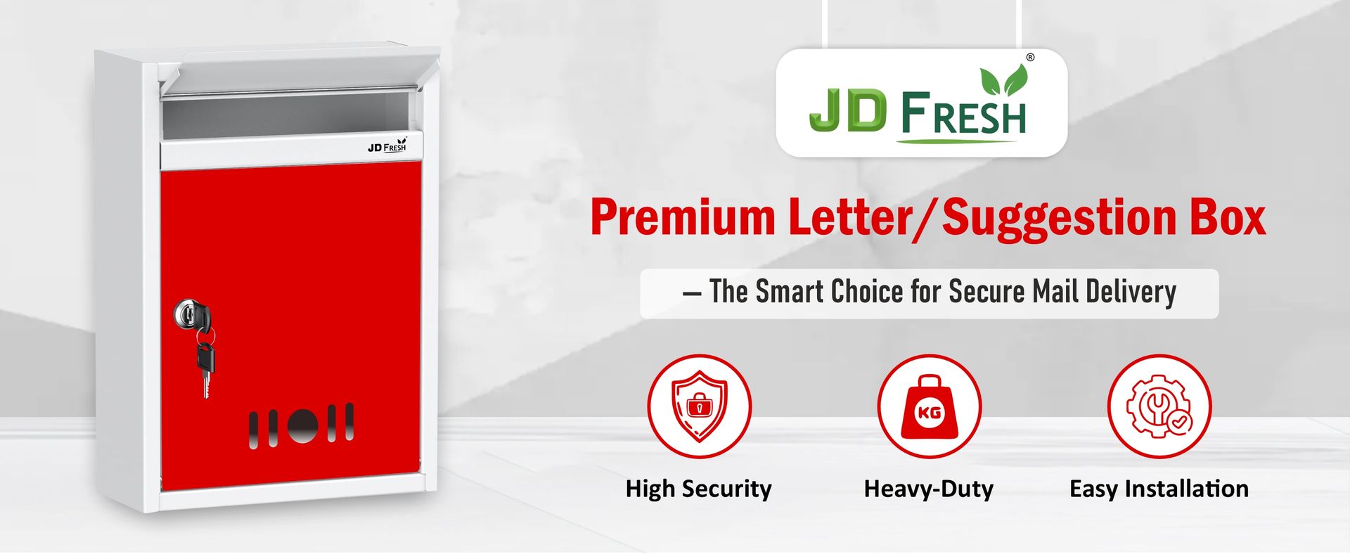 JD FRESH Wall Mount A4 Size Letter Box/Mail Box/Suggestion Box/Complaint Box for Office/Post Box for Home gate with Clear Window View & Secure Key Lock - (Red & Ivory)