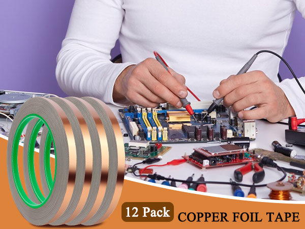 Oubaka 12 Pack Copper Foil Tape,Double-Sided Conductive Adhesive Copper Tape for EMI Shielding,Stained Glass,Soldering,Guitar Electrical Repairs,Crafting,Garden(1/4" x21.9yards)