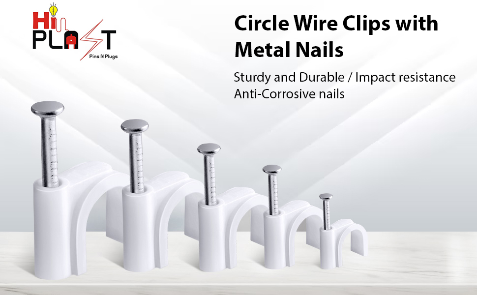 Hi-PLASST (7mm, Pack of 100) Cable Clips with Metal Nails - Heavy Duty Wire Fasteners, Cord Organizers, Round Cable Clamps for Wall-Mounted Cable Management, Hanging Wires, Home & Office Use