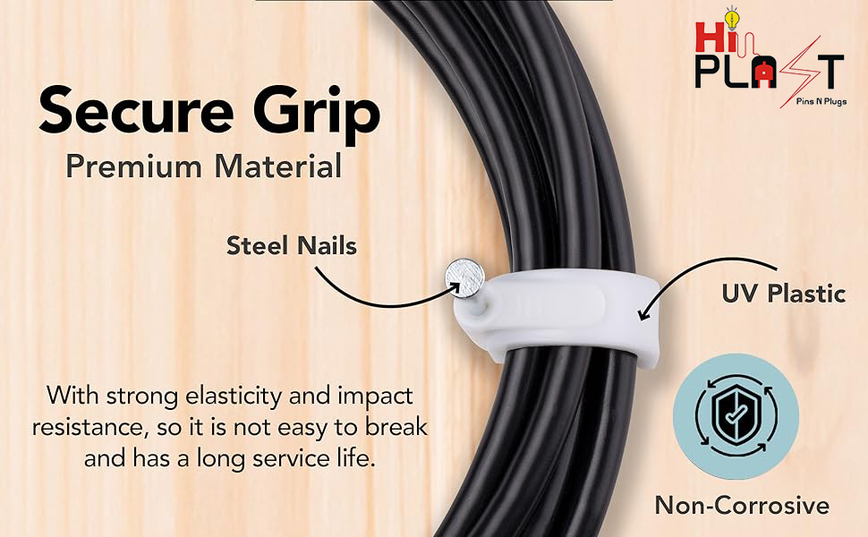 Hi-PLASST (7mm, Pack of 100) Cable Clips with Metal Nails - Heavy Duty Wire Fasteners, Cord Organizers, Round Cable Clamps for Wall-Mounted Cable Management, Hanging Wires, Home & Office Use