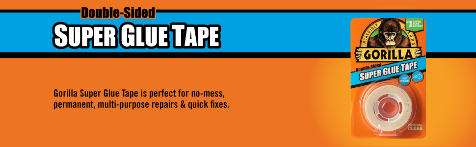 Gorilla Super Glue Tape, Multi-Purpose, Permanent, Double Sided, High Tack, 5/8in x 20ft, Clear (Pack of 6)