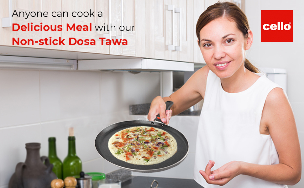 CELLO Aluminium Non-Stick Induction Base Dosa Tawa with Detachable Bakelite Handle 28 CM Black | Heavy Base, PFOA Free & Dishwasher Safe, Gas Stove & Induction Compatible | Perfect For Roti Dosa Chila