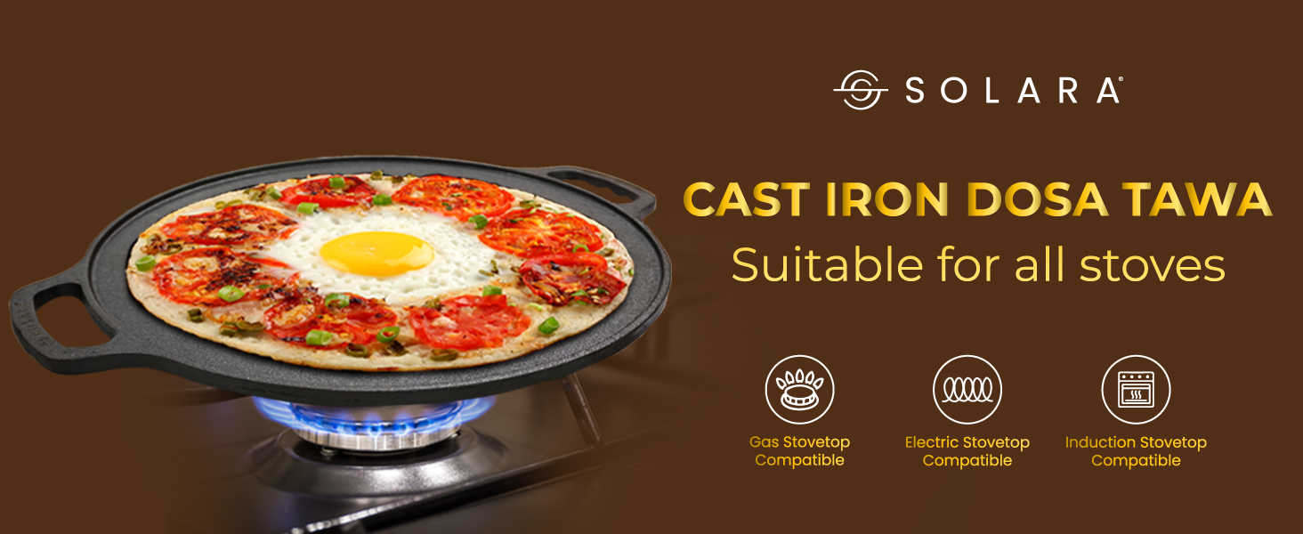 SOLARA Cast Iron Tawa for Roti and Dosa 12 Inch, Pre-Seasoned Cookware