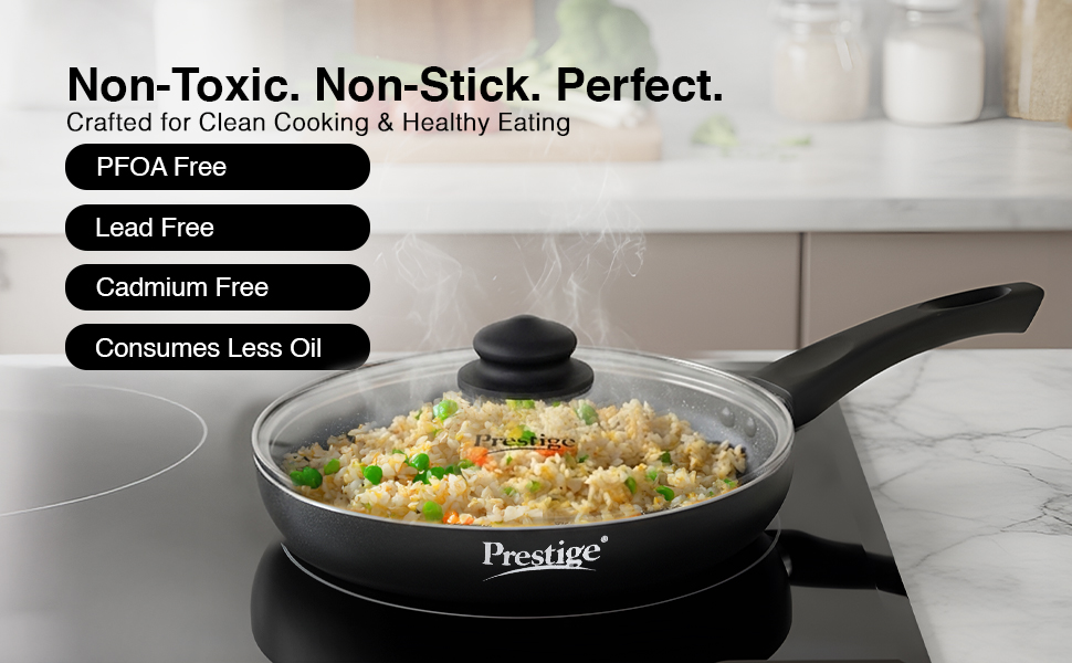 Prestige Non-Stick Omega Deluxe Granite Fry Pan with Lid | 26 Centimetre | Black | Induction Base | 5 Layer Non-Stick Cookware | Dishwasher Compatible