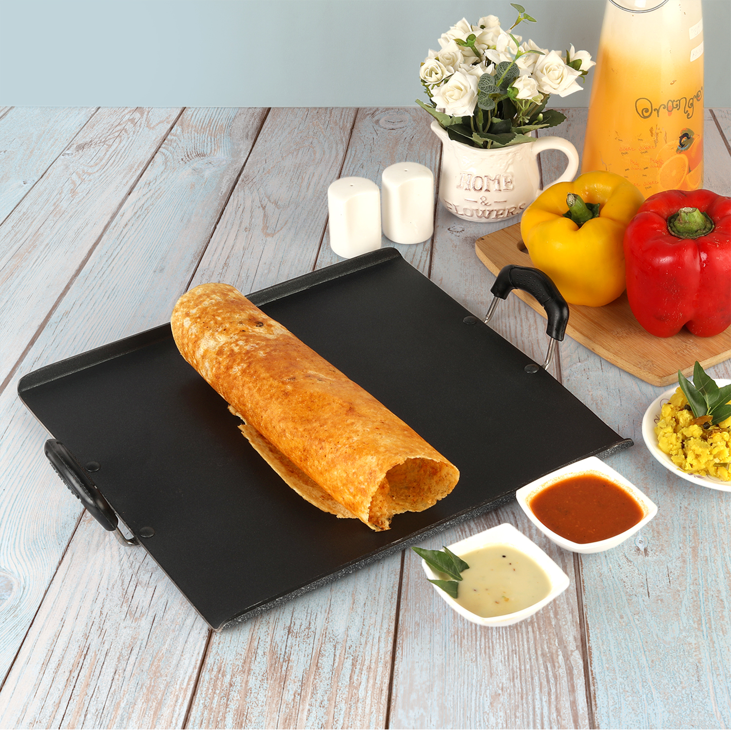 CELLO Aluminium Non-Stick Induction Base Square Dosa Patri Tawa 35 CM, Black | ISI Certified, High Guage PFOA Free Hammered Toned Gas Stove & Induction Base, Scratch Resistant, Easy Cooking & Cleaning