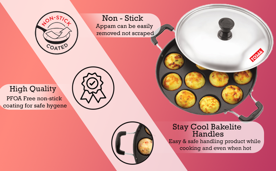 Tosaa Non-Stick 12 Cavity Appam Patra Side Handle with lid, Color May Vary