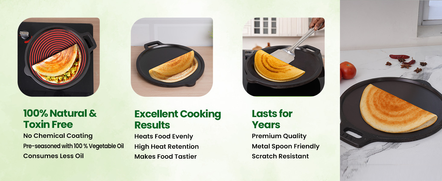 The Indus Valley Super Smooth Cast Iron Tawa with Free Wooden Spatula for Dosa/Chapathi | 27.6cm/10.8 inch, 2kg | Induction Friendly | Naturally Nonstick, 100% Pure & Toxin-Free