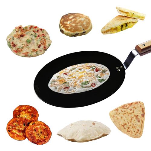 amicus Kitchen Premium Iron Tawa for Roti Chapati Concave Iron Tava with Wooden Handle 10 Inch 1.2 Kg Black Food Grade Smooth 100% Multipurpose Tawa