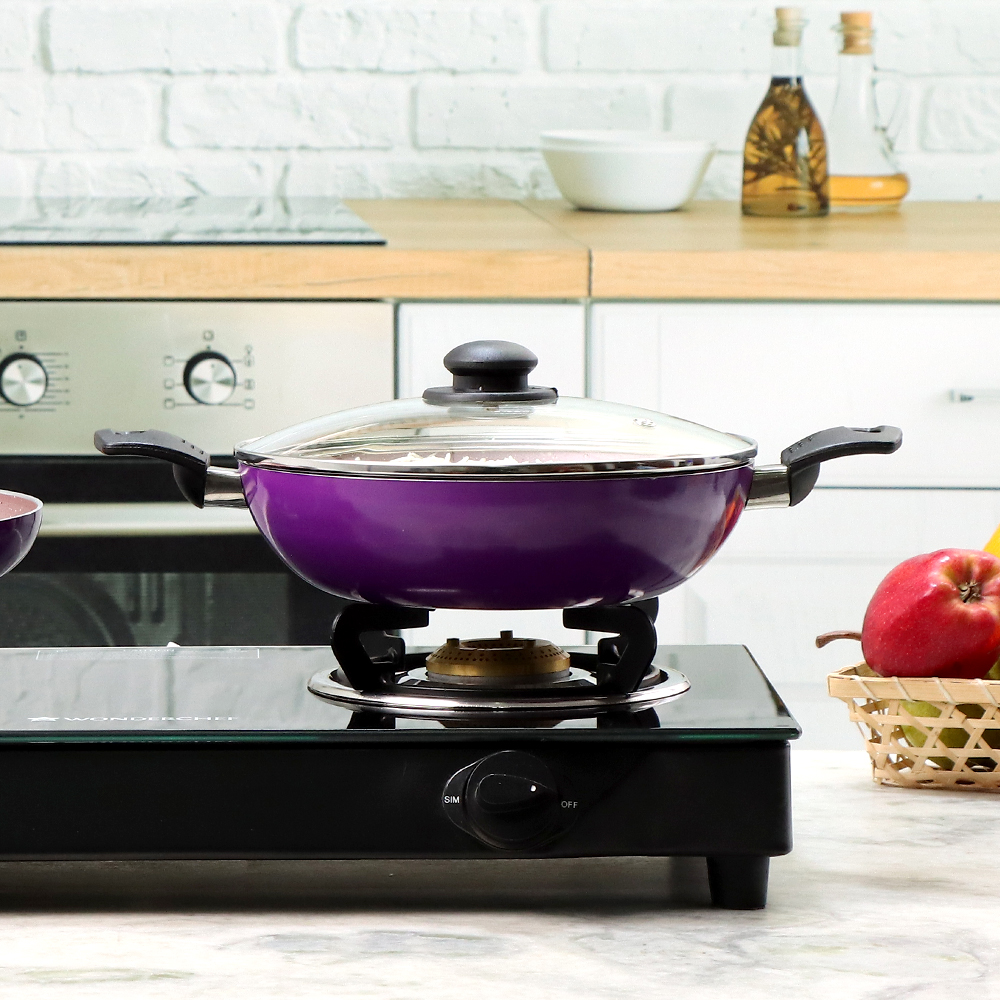 Wonderchef Valencia Non-Stick 4 Pc Cookware Set for Kitchen, Fry Pan 24cm, Kadhai with Glass Lid 24cm, Dosa Tawa 28cm, Non-Toxic PFOA Free, Gas Stove & Induction Friendly, 2-Yr Warranty, Purple