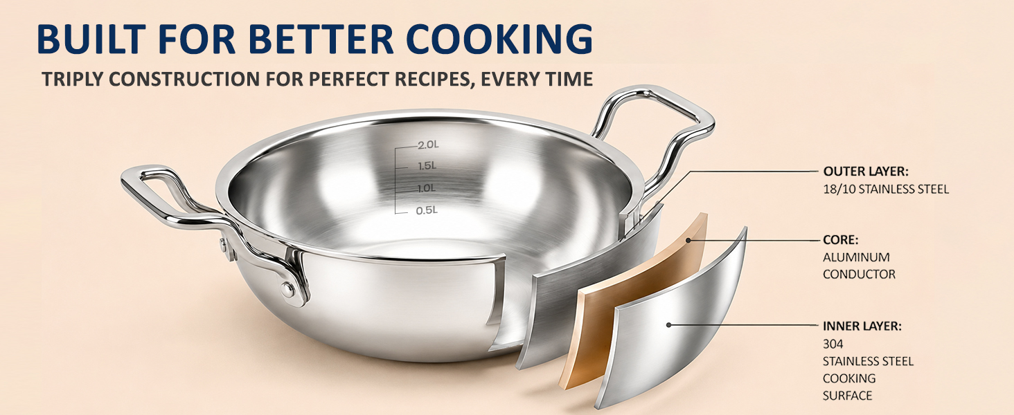 SOLARA Triply Stainless Steel Kadai with SS Lid 28 cm, Tri Ply SS Kadhai, Heavy Bottom Induction Base Cookware, Stainless Steel Cooking Pot for Frying, Sauteing, Curry