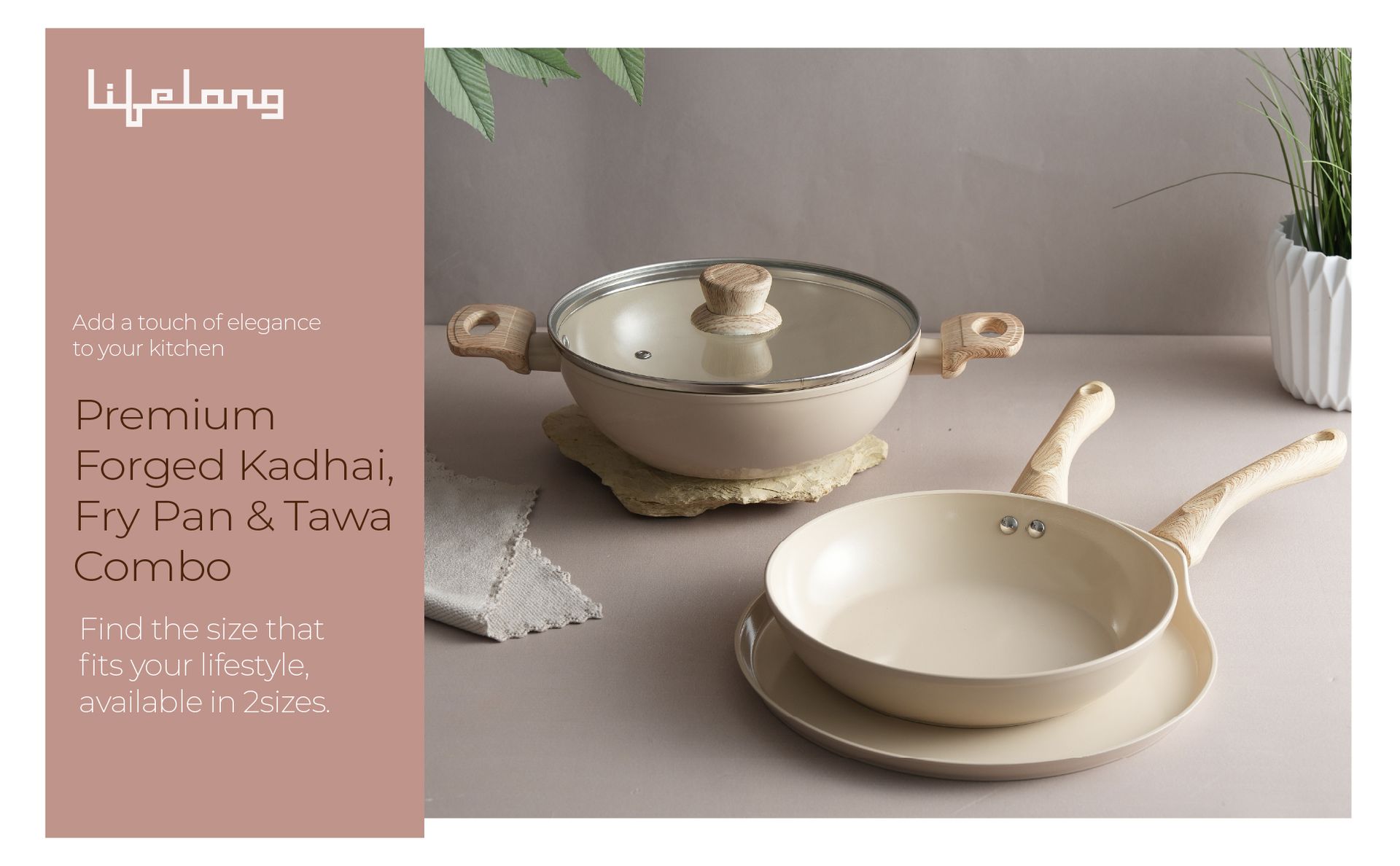 Lifelong 3 Piece Forged Cookware Set With Common Lid |2.2L Kadhai with Lid 24cm |Ceramic Coated |1.4L Fry Pan 24cm | 1.2L Tawa 26cm |Induction & Gas Compatible | Non-Riveted Handle | Non-Stick Coating