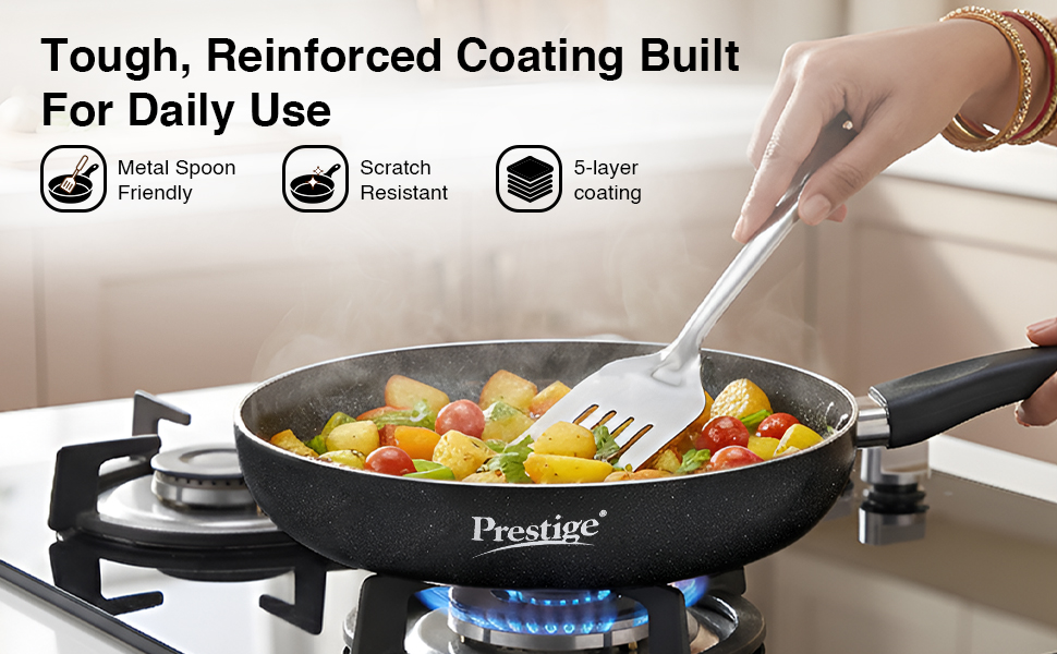 Prestige Omega Deluxe 24cm Granite Fry Pan with Glass lid|Gas & Induction Compatible | 5 Layers Non-Stick Cookware | Dishwasher Compatible