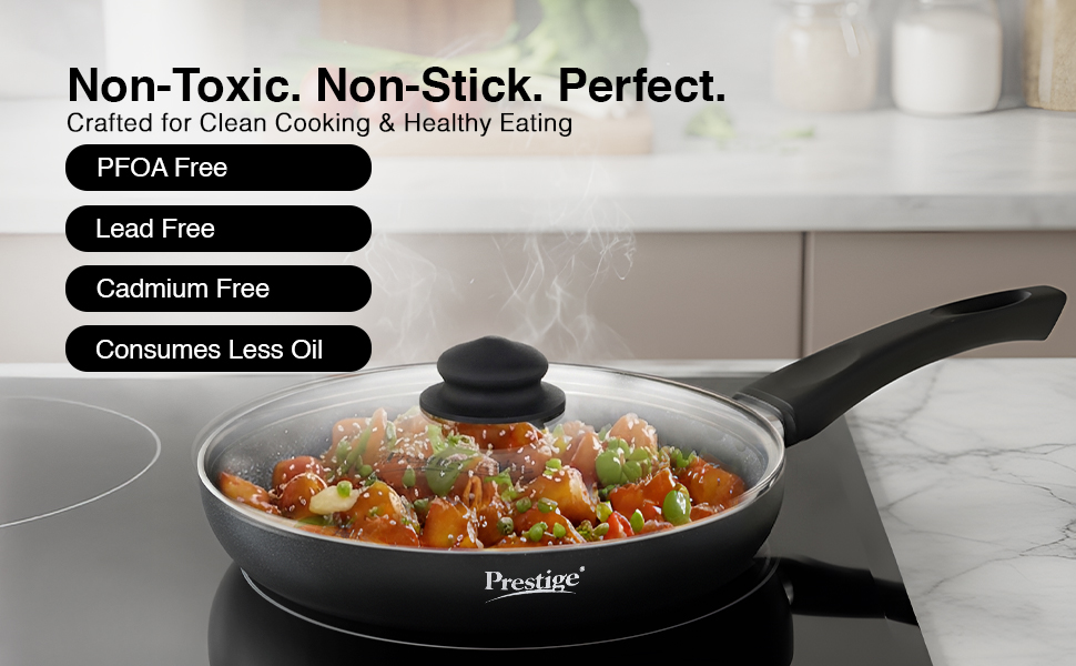 Prestige Omega Deluxe 24cm Granite Fry Pan with Glass lid|Gas & Induction Compatible | 5 Layers Non-Stick Cookware | Dishwasher Compatible