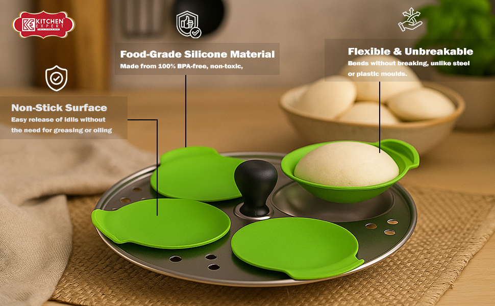 Kitchen Expert Silicone Idli Moulds | 8Pc | Non-Stick Idly Maker | BPA- Free | Food Grade Silicone | Liners | No Greasing | Oven & Microwave Suitable | Dishwasher Safe | Multipurpose | Green