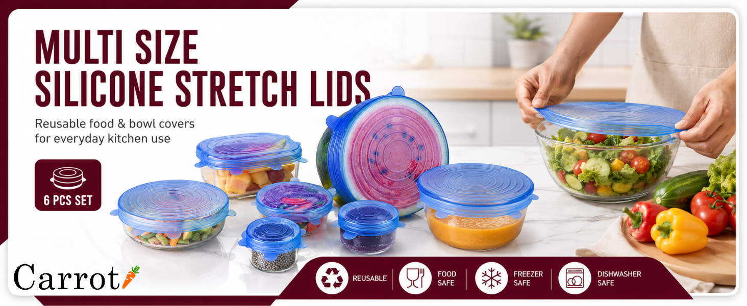 Carrot - Silicone Stretch Lids, Multi Size Reusable Silicone Lids Food And Bowl Covers, Dishwasher And Freezer Safe (Color May Vary) (Pack Of 6 Pcs), 10x10x2 Cm