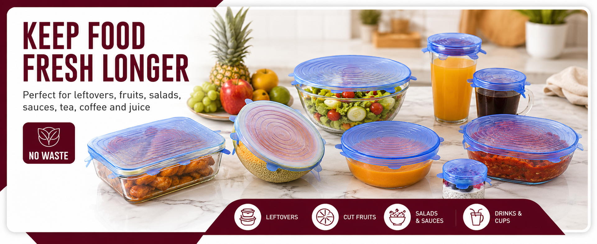 Carrot - Silicone Stretch Lids, Multi Size Reusable Silicone Lids Food And Bowl Covers, Dishwasher And Freezer Safe (Color May Vary) (Pack Of 6 Pcs), 10x10x2 Cm