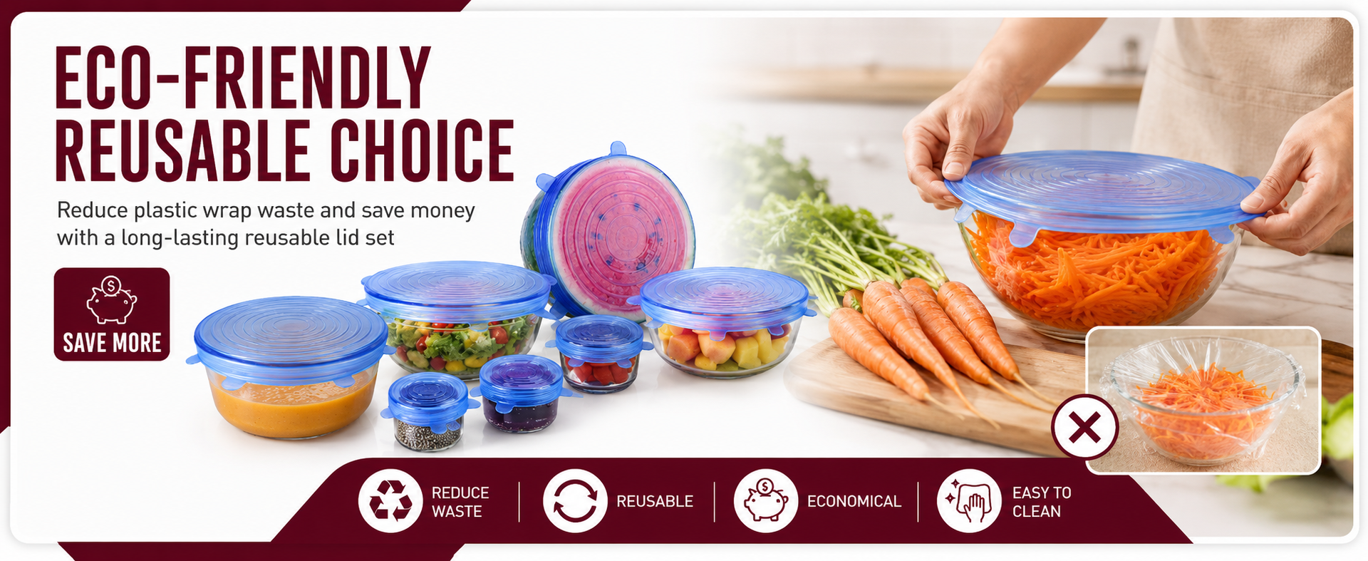 Carrot - Silicone Stretch Lids, Multi Size Reusable Silicone Lids Food And Bowl Covers, Dishwasher And Freezer Safe (Color May Vary) (Pack Of 6 Pcs), 10x10x2 Cm