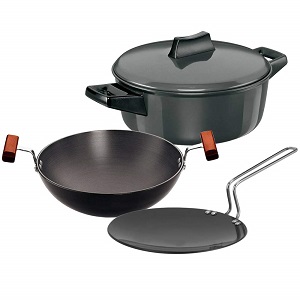 Hawkins Futura 3 Pieces Cookware Set 4 - Hard Anodised Tava, Kadhai, Cook-n-Serve Bowl with One Hard Anodised Lid, Black (ASET4)