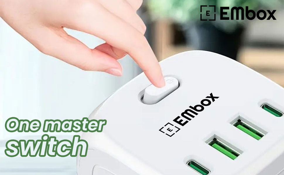EMBOX Multi Plug Socket with Type C Port Master Switch-Cordless Extension Board with 3 Sockets 2 USB A & 2 USB C Slot (2.4A-Direct Plug)-3 Pin Multiplug with Safety Shutter Protection-2500W