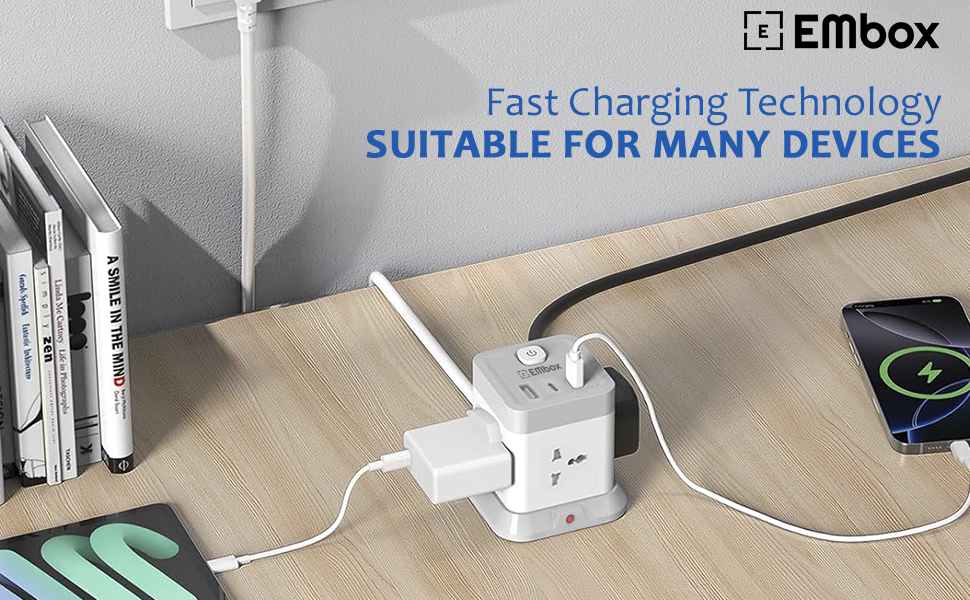 EMBOX Cube Extension Board 5 Meter Cable (QC 3.0)| 2500W Heavy Duty Extension Board with USB Type C Universal Sockets & Master Switch |Compact Extension Cord Safety Shutter & Overload Protector