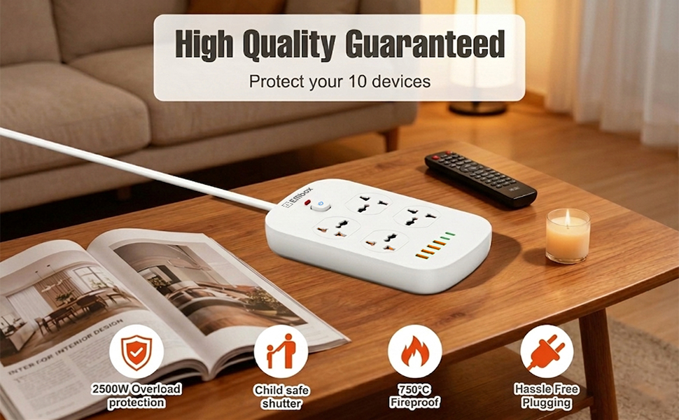 Embox Extension Board 5 Meter Cable with USB Type C | Extension Board with Switches Spike Guard 4 Universal Sockets Extension Cord | Safety Shutter LED Indicator-2500W