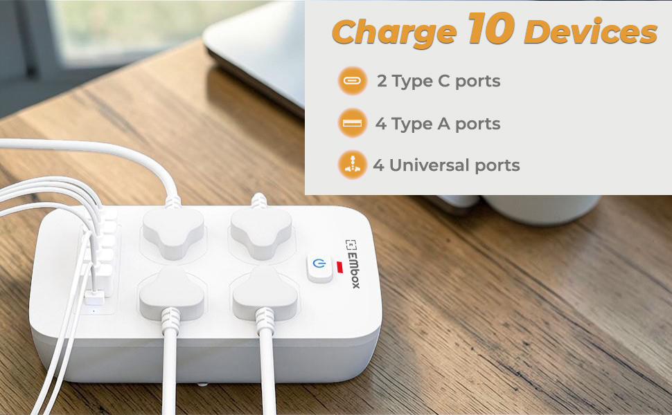 Embox Extension Board 5 Meter Cable with USB Type C | Extension Board with Switches Spike Guard 4 Universal Sockets Extension Cord | Safety Shutter LED Indicator-2500W