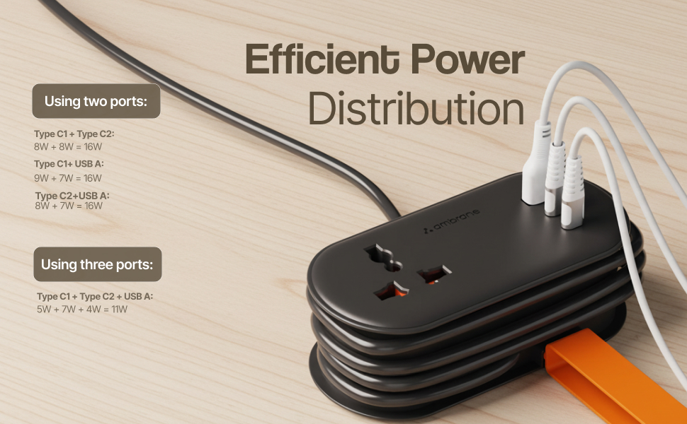 Ambrane Foldable Extension Board, 2 Type C & USB, Perfect for Office, Kitchen, Travels, Charge 4 Devices, Compact Size, AC Socket 2500W, 20W Fast Type C Charging, 1.5m Long Cable (Smartstrip 3 Black)
