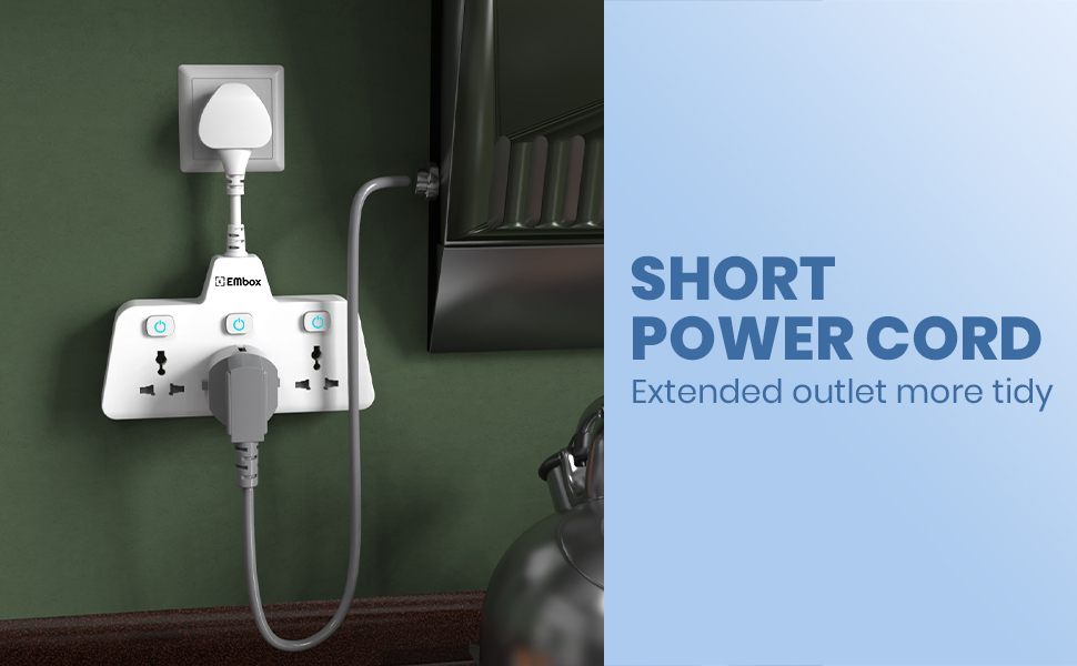 EMBOX Multi Plug Socket 2500 W | Extension Board with Switches | 3 Universal Sockets Multi Plug Adapter Fast Charging No Block Design, White