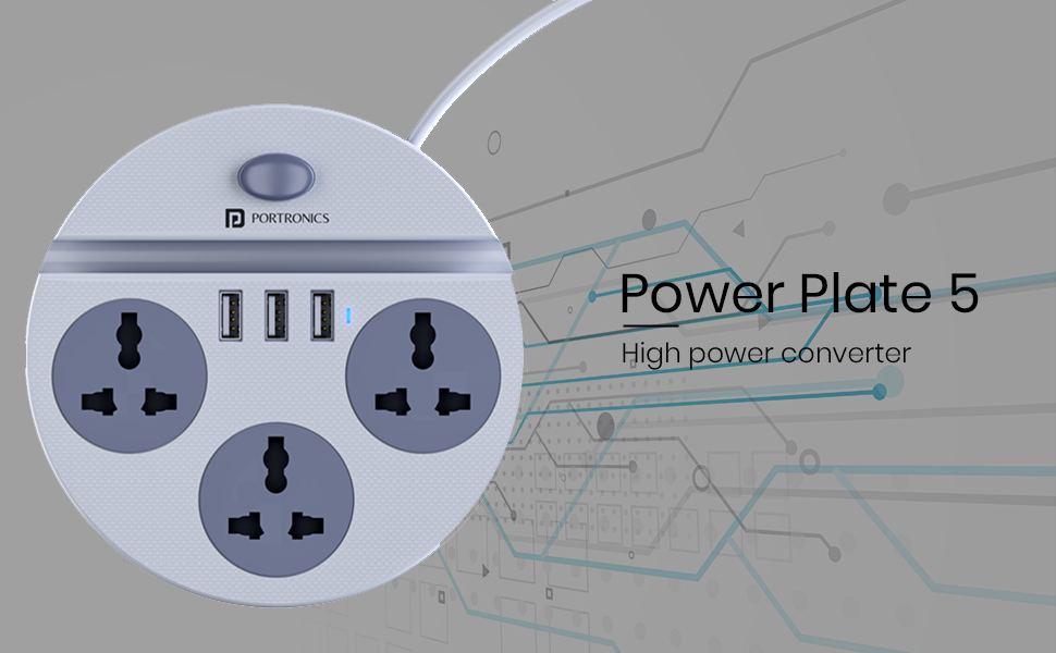 Portronics Power Plate 5 1500W Power Converter with USB Charger & Mobile Holder 3AC Socket + 3USB Ports I 1.5 m Cord Length ( White)