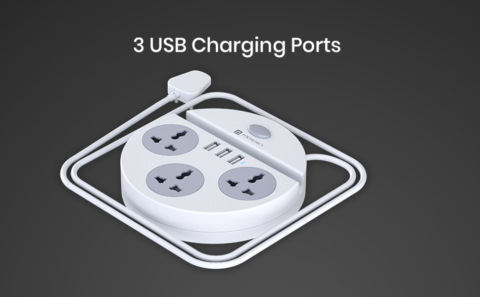 Portronics Power Plate 5 1500W Power Converter with USB Charger & Mobile Holder 3AC Socket + 3USB Ports I 1.5 m Cord Length ( White)
