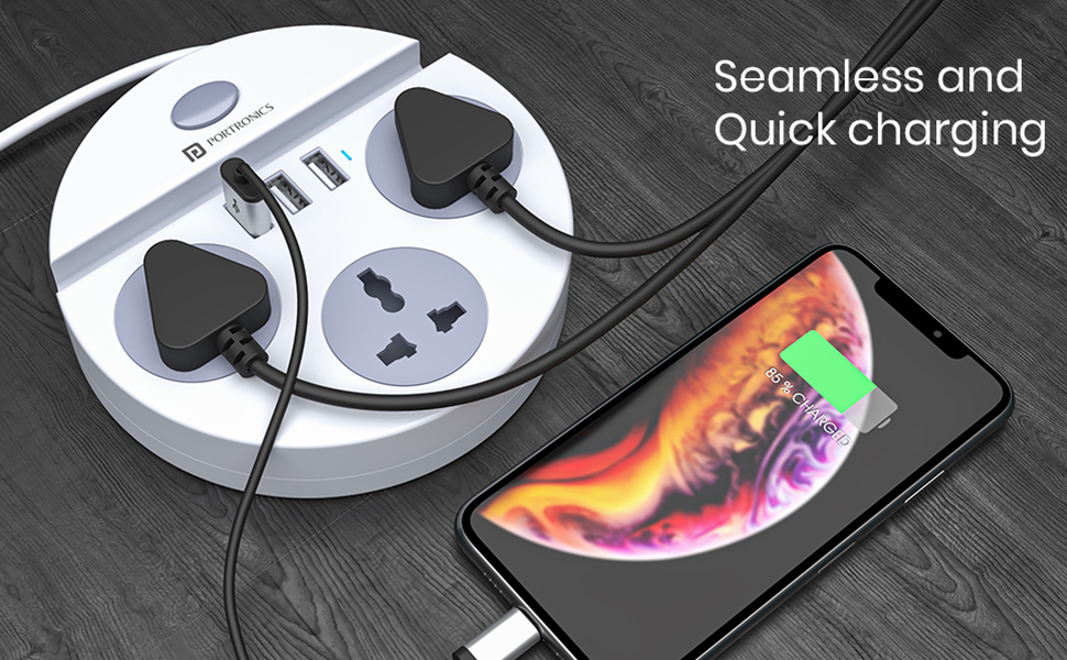 Portronics Power Plate 5 1500W Power Converter with USB Charger & Mobile Holder 3AC Socket + 3USB Ports I 1.5 m Cord Length ( White)