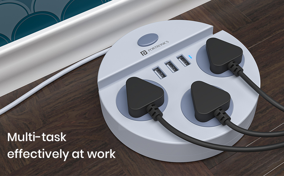 Portronics Power Plate 5 1500W Power Converter with USB Charger & Mobile Holder 3AC Socket + 3USB Ports I 1.5 m Cord Length ( White)