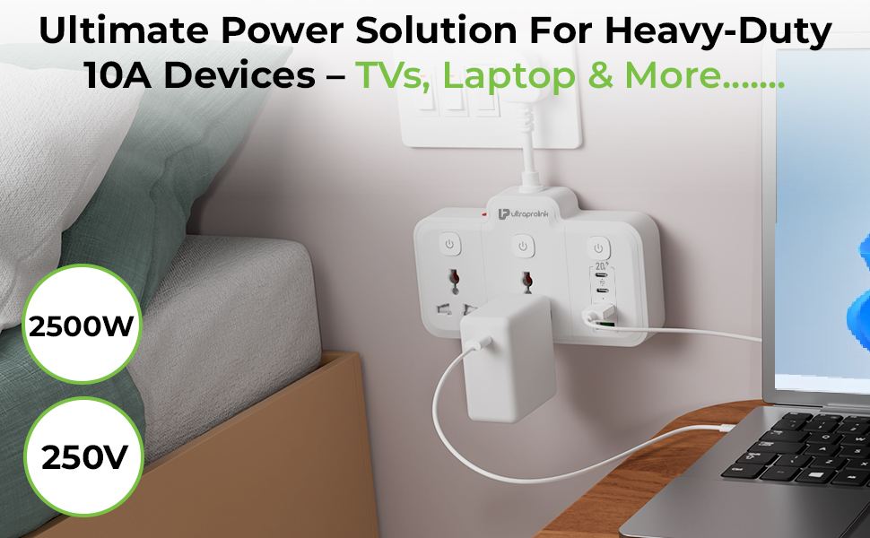 UltraProlink 6 in 1 Surge Extension Board |Device Safety with ISI Approved Heavy Duty Cable-25cm6 Ports-2 Fast Charge Type-C(PD 20W),2 USB-A Ports & 2 AC Sockets|3 Power Switches|Made in India|UM1272