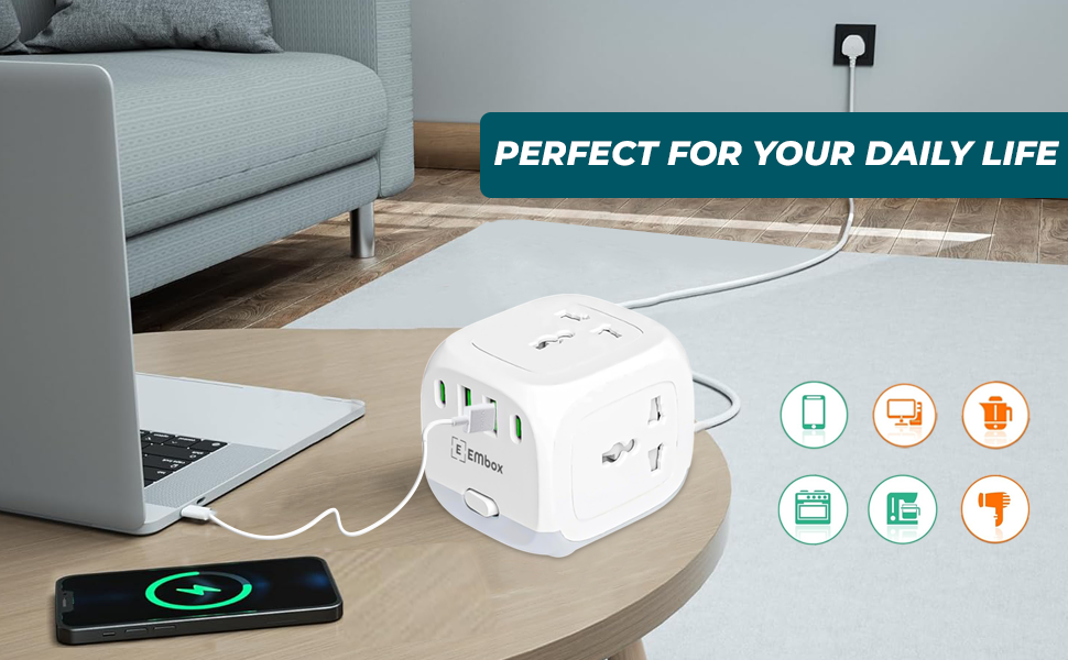 Embox 20W Extension Board with USB Type C | 2500W Extension Cord with 3 Universal Sockets & 4 USB Ports(2 Type A+2 Type C)| Extension Board with Switches Surge Protector Safety Shutter LED Indicator