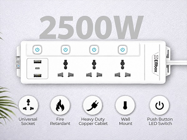 EMBOX Extension Board with USB Type C| Extension Board with Switches 3 Universal Sockets Spike Guard | LED Indicator 2500W Extension Cord (2-mtr)