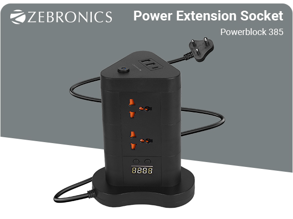 ZEBRONICS Power Block 385, Tower Extension Board/Strip, 2500 Watts, 10 Amps, 1x Type C Port, 8X Universal Socket, 2X USB Port, LED Indicator, Digital Counter, On/Off Switch, 5 Meter, Black