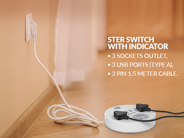Goldmedal Zippo 1.5-Meter Extension Cord | 3 USB Charging Ports & Mobile Holder | Master Switch with Indicator | 3 Universal Sockets | Compatible with All Devices | for Home & Office | White