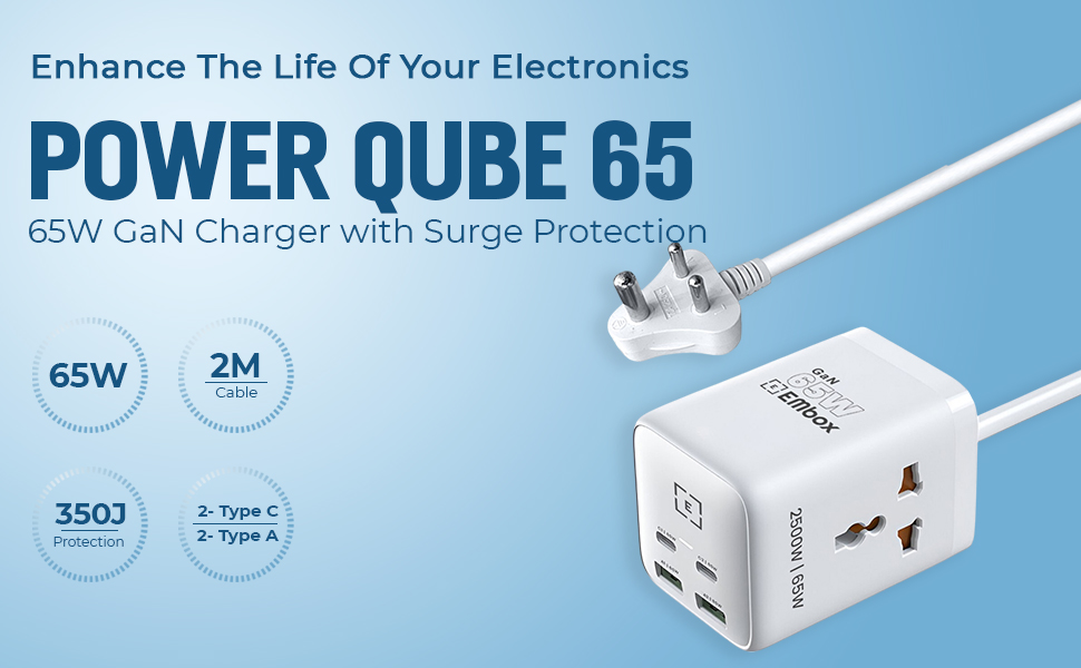 EMBOX 6-in-1Extension Board with USB Port | 65W Gan Charger Type C Fast Charging (QC 3.0) Extension Board with Switches | 2 Type C PD Ports 2 USB Ports 2 AC Power Strip