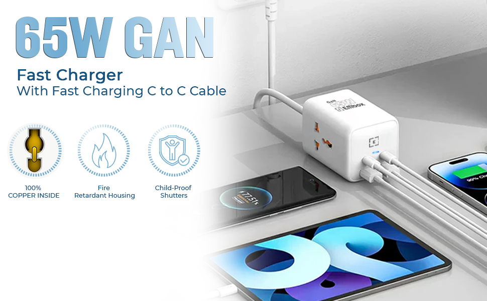 EMBOX 6-in-1Extension Board with USB Port | 65W Gan Charger Type C Fast Charging (QC 3.0) Extension Board with Switches | 2 Type C PD Ports 2 USB Ports 2 AC Power Strip