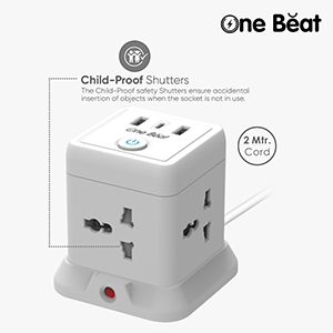 One Beat Cube Extension Boards with Universal Sockets and USB Charging Ports with Indicator Plug Socket (Cube 4 Socket + 2 USB + 1 Type C)