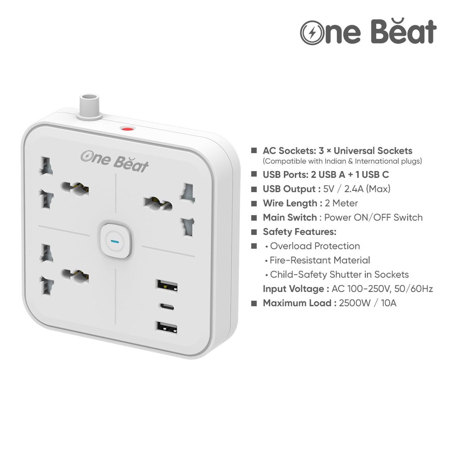 One Beat Extension Board with 2 Sockets - One 6A, One Heavy Duty 16A - Safety Shutter, 2 Meter Power Cord - Multicolor