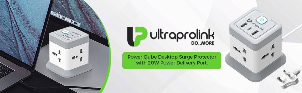 UltraProlink 7 in 1 Cube Extension Board Power Strip Multi-Port | ISI Approved Heavy Duty Cable-2m |7 Ports-1 Fast Charge Type-C(PD 20W),2 USB-A Ports & 4 AC Sockets | Charges iPhone 50% in 30 min