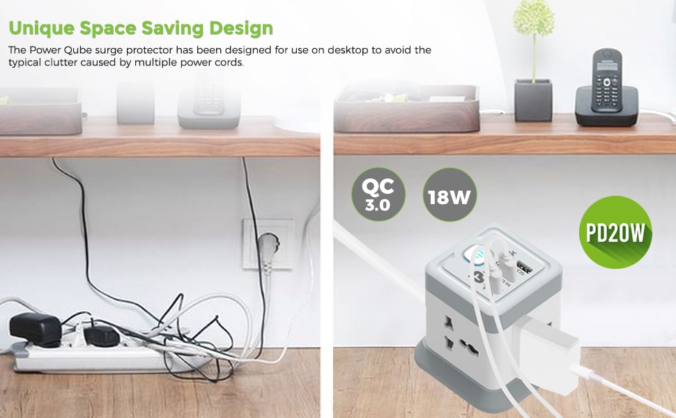 UltraProlink 7 in 1 Cube Extension Board Power Strip Multi-Port | ISI Approved Heavy Duty Cable-2m |7 Ports-1 Fast Charge Type-C(PD 20W),2 USB-A Ports & 4 AC Sockets | Charges iPhone 50% in 30 min