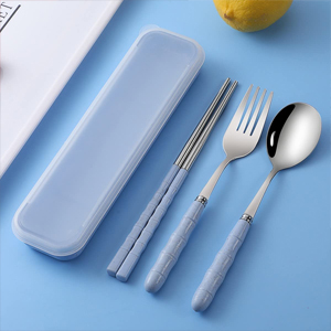 INOVERA (LABEL) 3 Pieces Cutlery Set of Spoon, Fork, Chopsticks - Reusable Tableware Cutleries with Case - Dining Accessories Sets for Travel, Office, Home (Blue)
