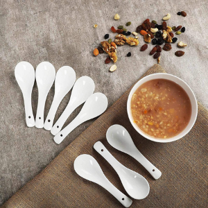 Ceramic Soup and Dessert Spoon, Microwave Safe - Pack of 6 (White) - 13 Cm