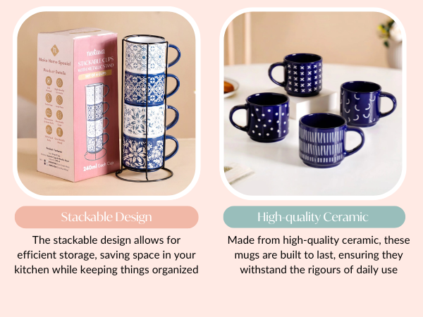Nestasia Stackable Ceramic Cups Set of 4 (240 ml Each) | Printed Tea & Coffee Mugs with Glossy Finish - Microwave & Dishwasher Safe | Ideal for Daily Use & Gifting (Floral Blue)
