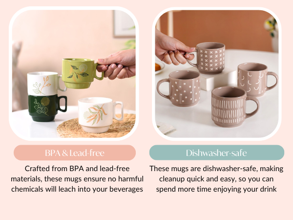 Nestasia Stackable Ceramic Cups Set of 4 (240 ml Each) | Printed Tea & Coffee Mugs with Glossy Finish - Microwave & Dishwasher Safe | Ideal for Daily Use & Gifting (Floral Blue)